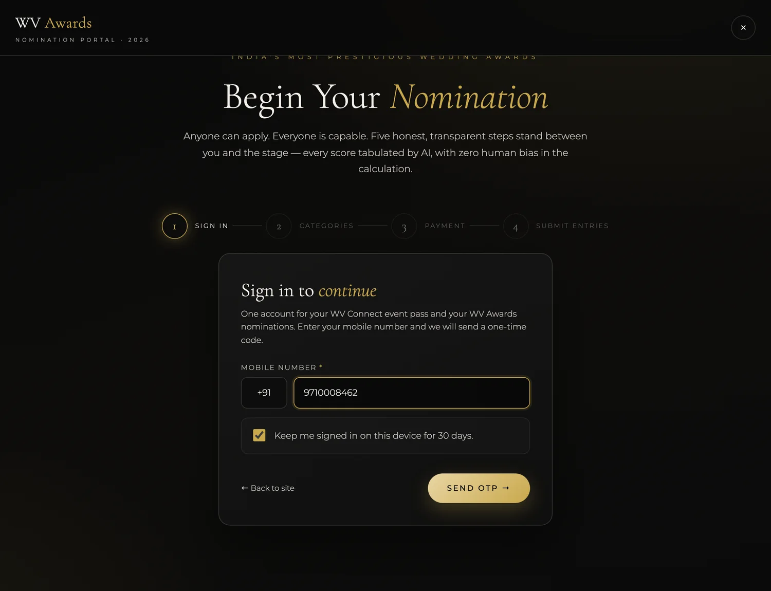 Sign in with your mobile number — WV Awards nomination portal screenshot