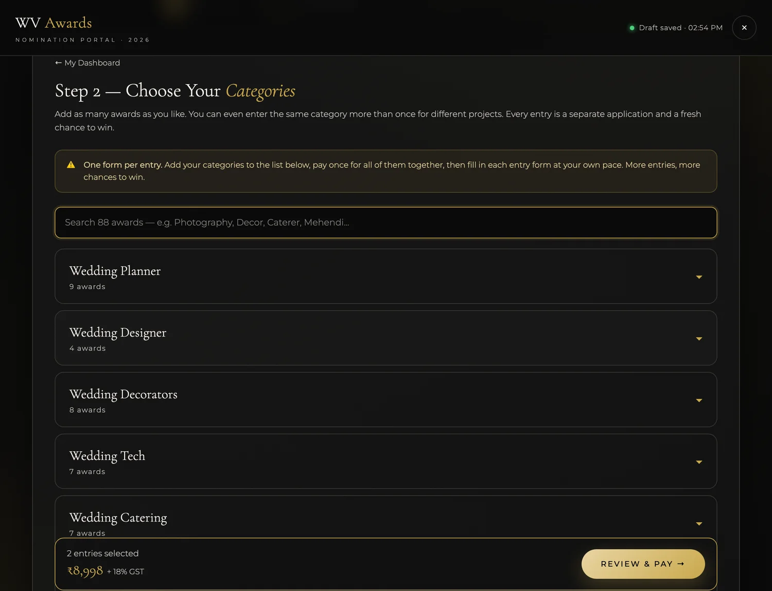Choose your categories — WV Awards nomination portal screenshot