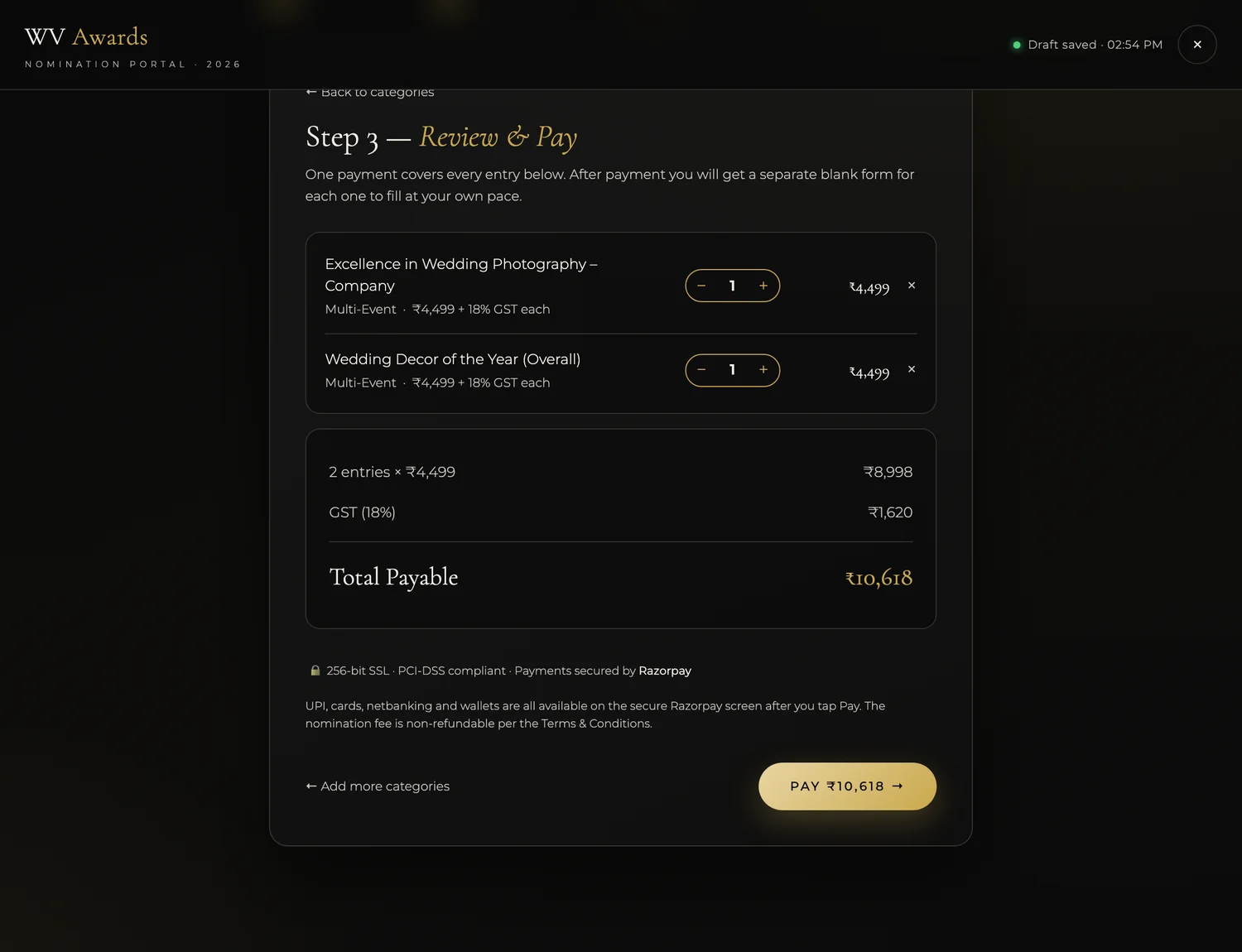 Pay once for all your entries — WV Awards nomination portal screenshot