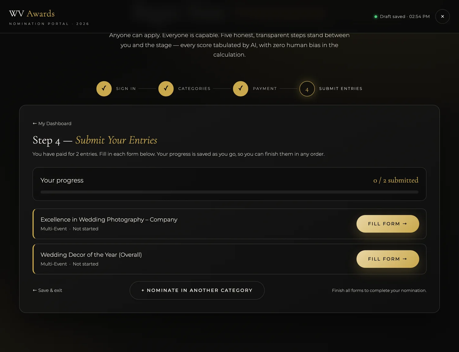 Fill a form for each entry — finish anytime — WV Awards nomination portal screenshot