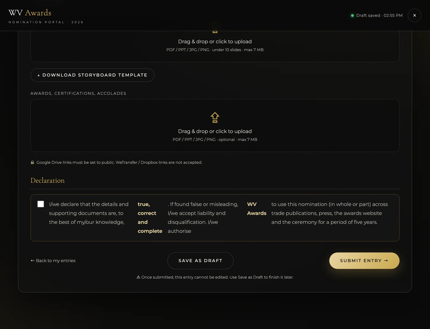Complete the nomination form — WV Awards nomination portal screenshot