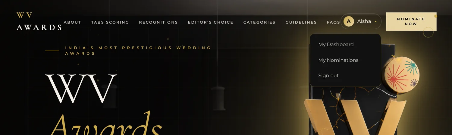 Find your dashboard anytime — WV Awards nomination portal screenshot