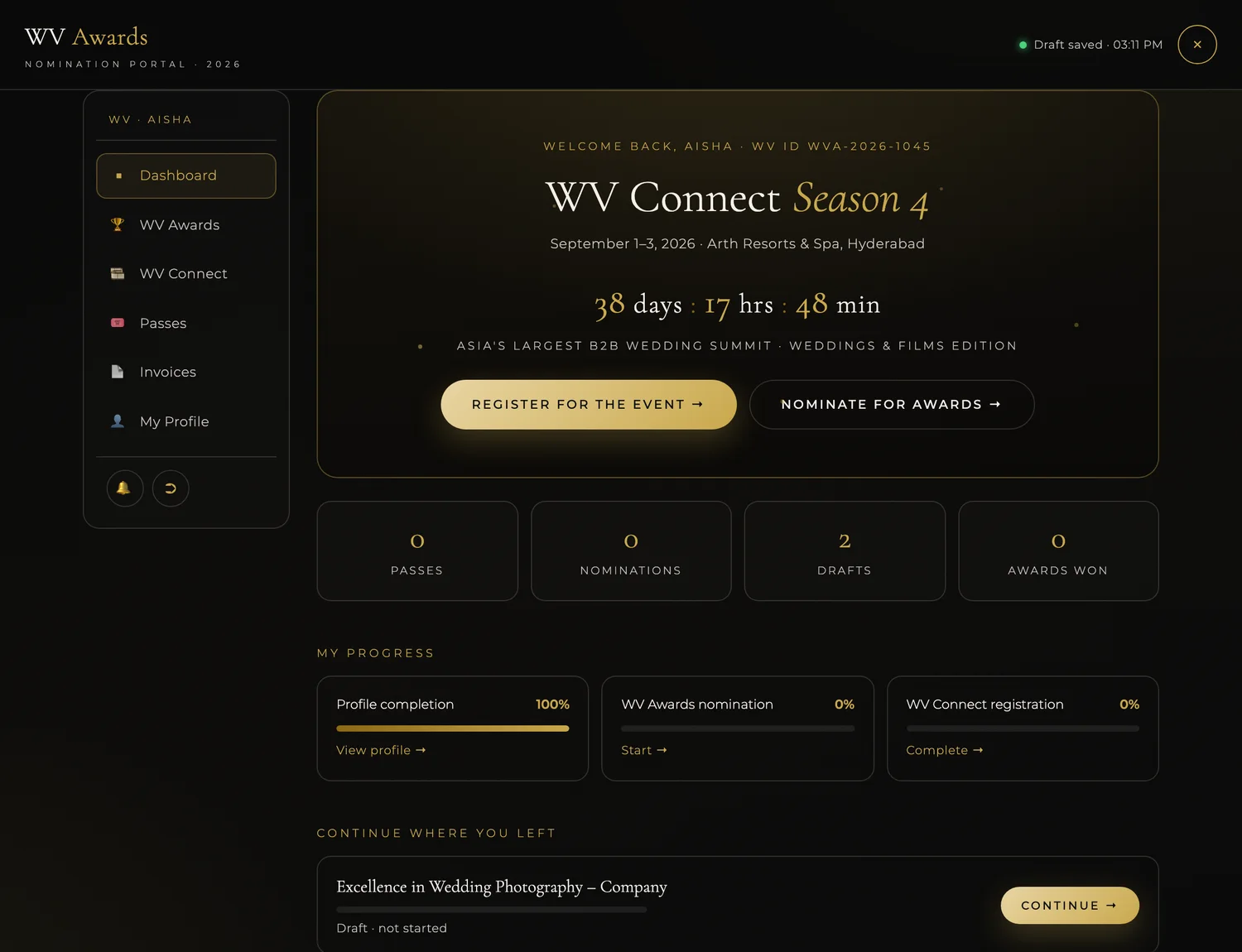 Track and continue your entries — WV Awards nomination portal screenshot