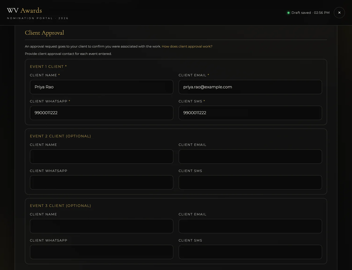 Client Approval section of the WV Awards nomination form